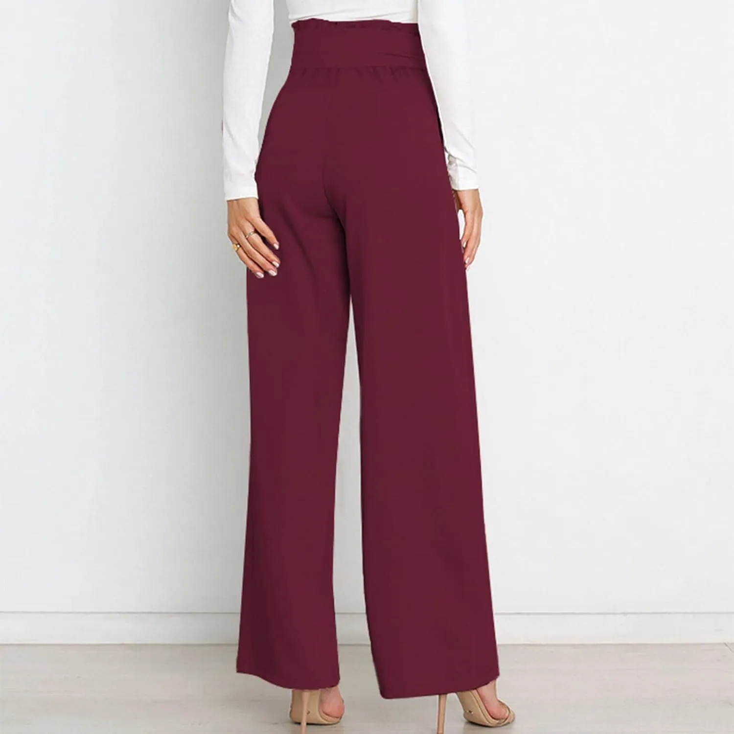 DOLKFU Womens Belted High Waist Business Casual Pants Straight Wide Leg Trousers Fashion Loose Comfy Pants
