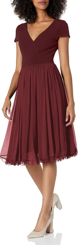 Dress the Population Women's Corey Plunging Mix Media Cap Sleeve A-line Midi Dress