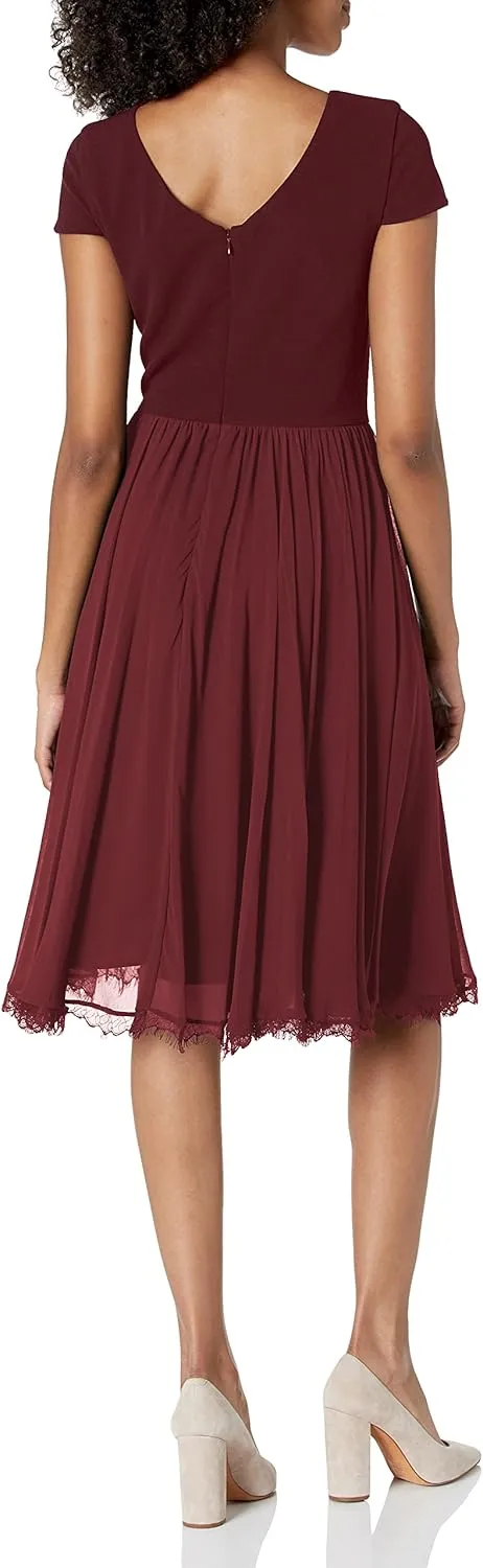 Dress the Population Women's Corey Plunging Mix Media Cap Sleeve A-line Midi Dress