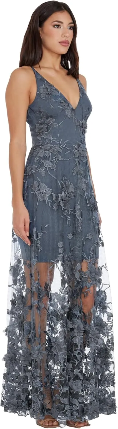 Dress the Population Women's Embellished Plunging Gown Sleeveless Floral Long Dress