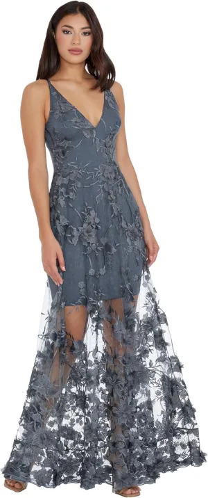 Dress the Population Women's Embellished Plunging Gown Sleeveless Floral Long Dress