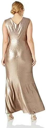 Dress the Population Women's Sandra Plunging Thick Strap Solid Gown with Slit Dress