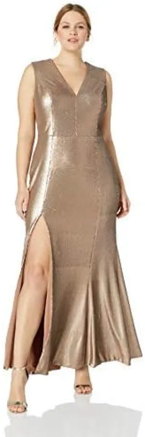 Dress the Population Women's Sandra Plunging Thick Strap Solid Gown with Slit Dress