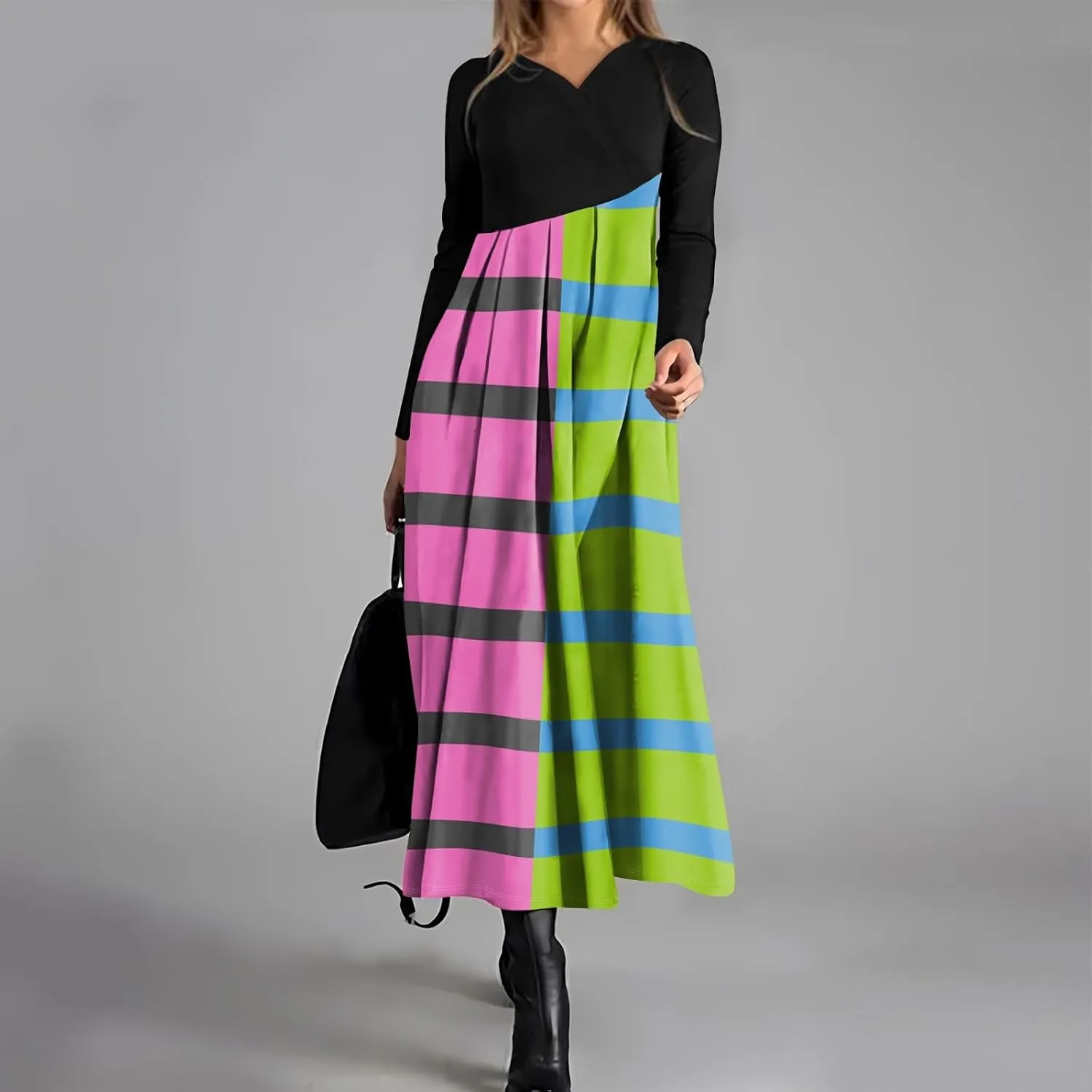 Dresses for Women Casual V-Neck Long Sleeved Dress Printing Loose Oversized Dress