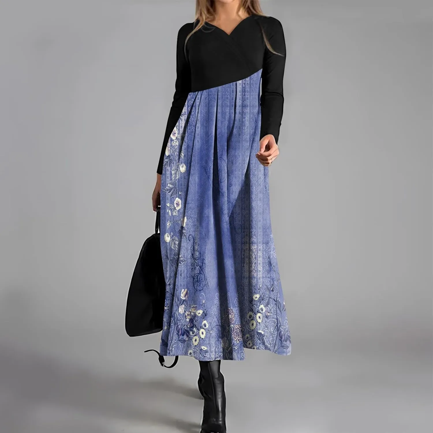 Dresses for Women Casual V-Neck Long Sleeved Dress Printing Loose Oversized Dress