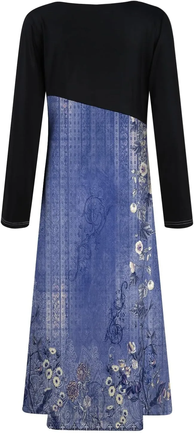 Dresses for Women Casual V-Neck Long Sleeved Dress Printing Loose Oversized Dress