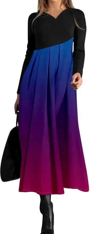 Dresses for Women Casual V-Neck Long Sleeved Dress Printing Loose Oversized Dress