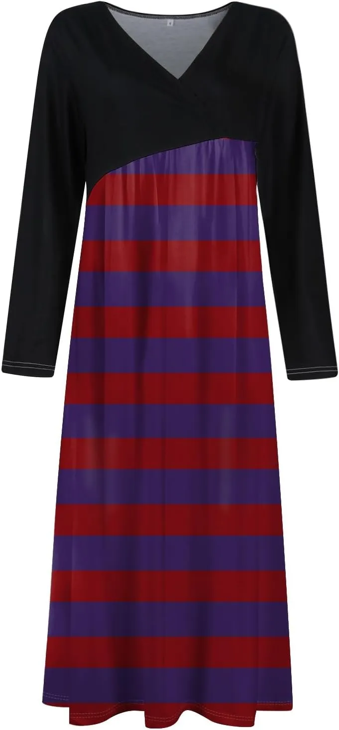 Dresses for Women Casual V-Neck Long Sleeved Dress Printing Loose Oversized Dress