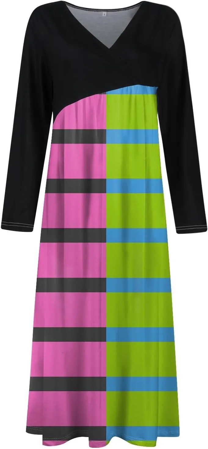 Dresses for Women Casual V-Neck Long Sleeved Dress Printing Loose Oversized Dress