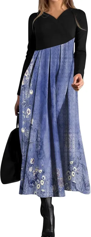 Dresses for Women Casual V-Neck Long Sleeved Dress Printing Loose Oversized Dress