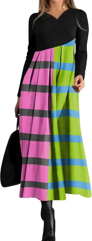 Dresses for Women Casual V-Neck Long Sleeved Dress Printing Loose Oversized Dress