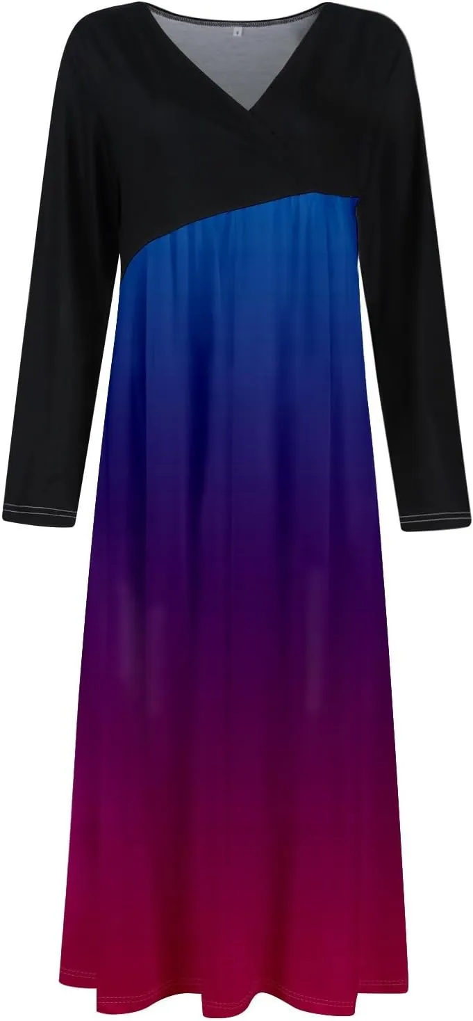 Dresses for Women Casual V-Neck Long Sleeved Dress Printing Loose Oversized Dress