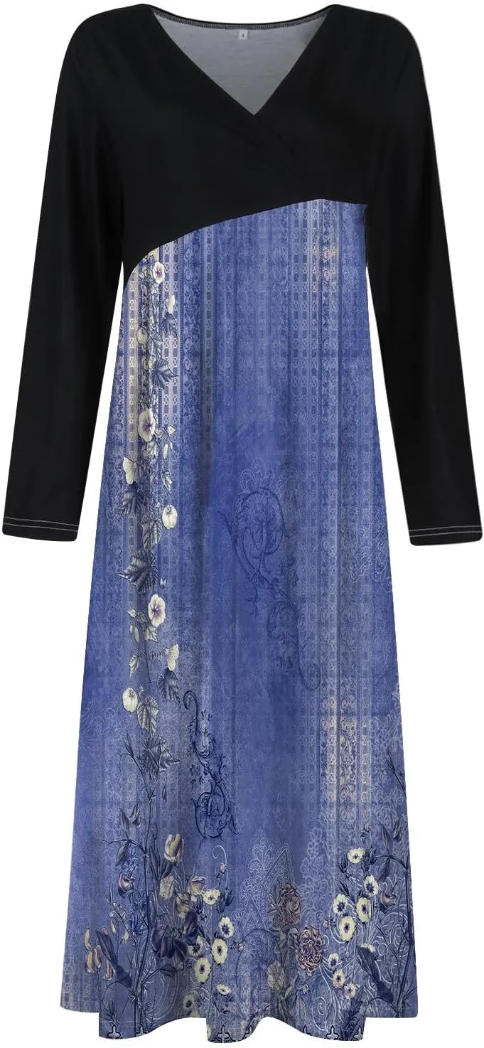 Dresses for Women Casual V-Neck Long Sleeved Dress Printing Loose Oversized Dress