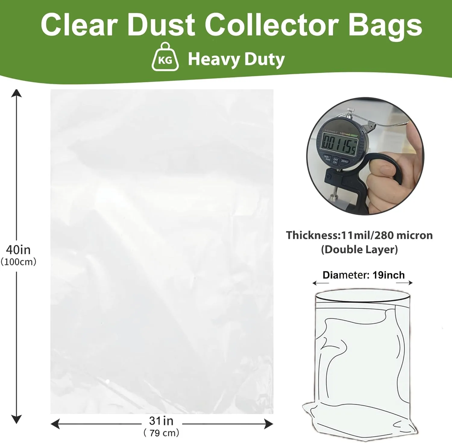 Dust Collector Bags for Harbor Freight Central Machinery 35 and 70 Gallon Dust Collector, Double Layer Thickness 11 Mil Heavy Duty Leakproof, 31"X40", Dia 19.5", Set of 12