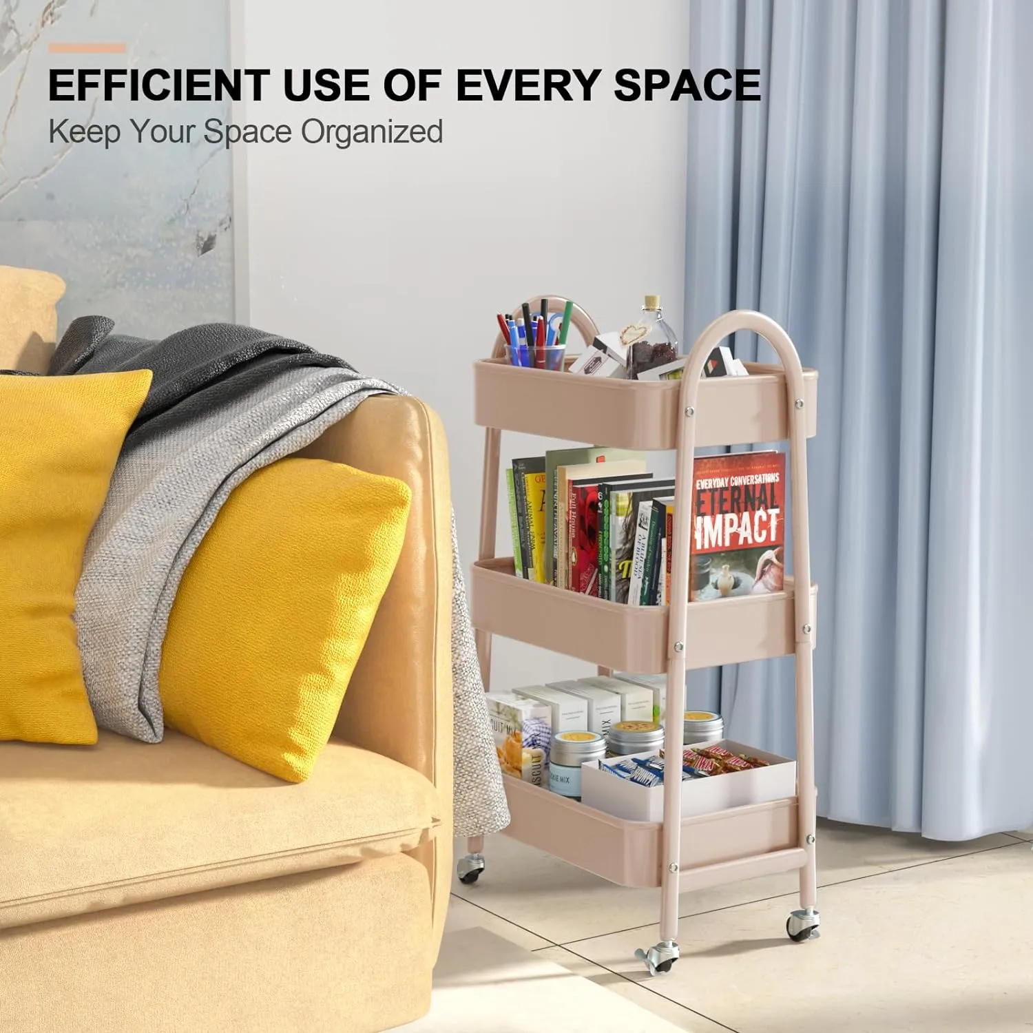 EAGMAK 3 Tier Utility Rolling Cart, Metal Storage Cart with Handle and Lockable Wheels, Multifunctional Storage Organizer Trolley with Mesh Baskets for Kitchen, Living Room, Office, Garage (Beige)