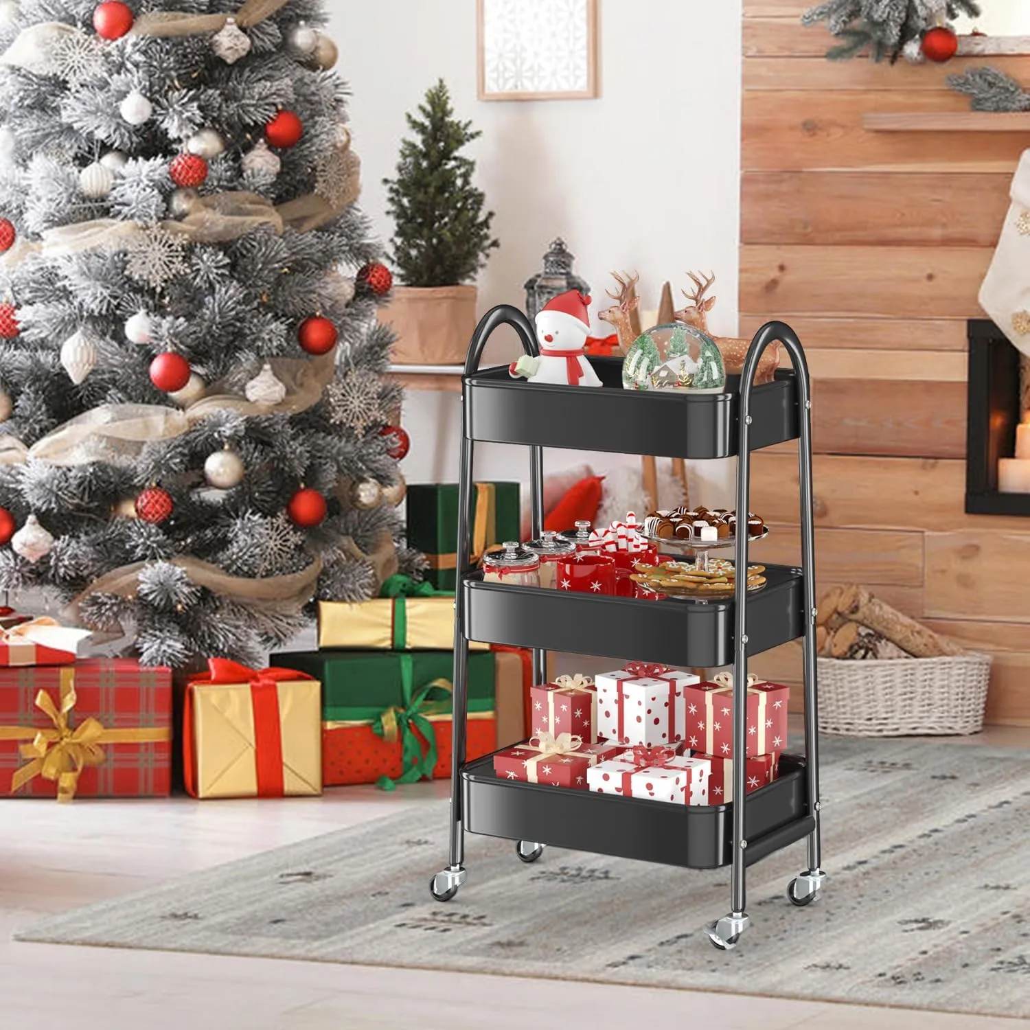EAGMAK 3 Tier Utility Rolling Cart, Metal Storage Cart with Handle and Lockable Wheels, Multifunctional Storage Organizer Trolley with Mesh Baskets for Kitchen, Living Room, Office, Garage (Black)