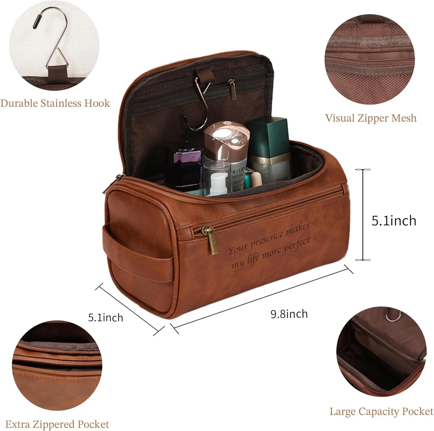 Easycosy Personalized Toiletry Bag for Men, Engraved with Pattern & Text, PU Leather Men's Toiletry Bag for Traveling, Father's Day Memories Gifts for Him Men Boyfriend Husband