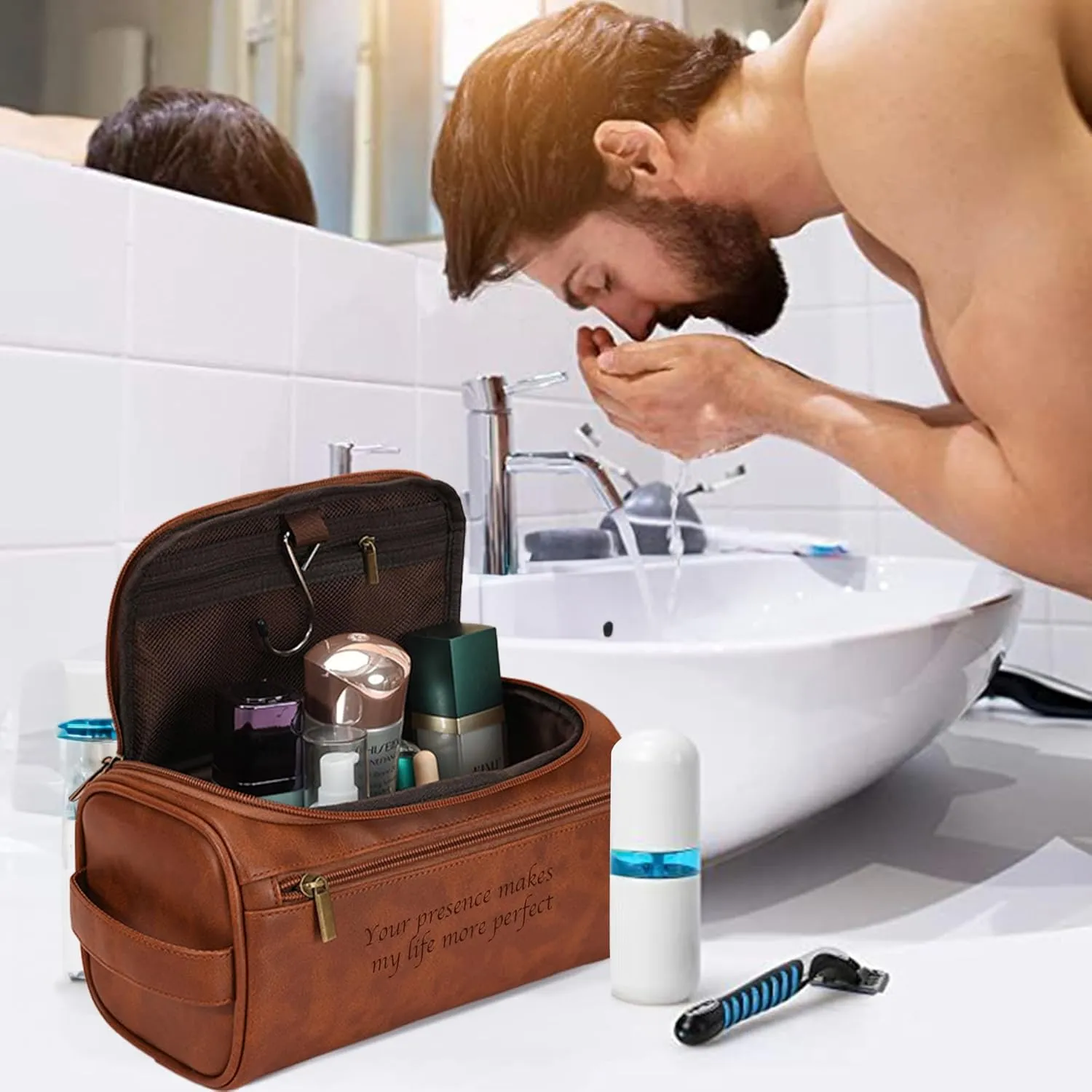 Easycosy Personalized Toiletry Bag for Men, Engraved with Pattern & Text, PU Leather Men's Toiletry Bag for Traveling, Father's Day Memories Gifts for Him Men Boyfriend Husband