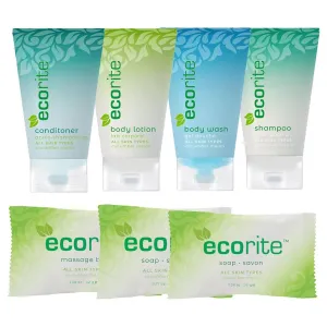 Ecorite Toiletry Set - Case of 25 Kits - Ideal for Vacation Rentals - Contains Travel Size Shampoo, Conditioner, Lotion, Body Wash, and Bar Soap Per Kit