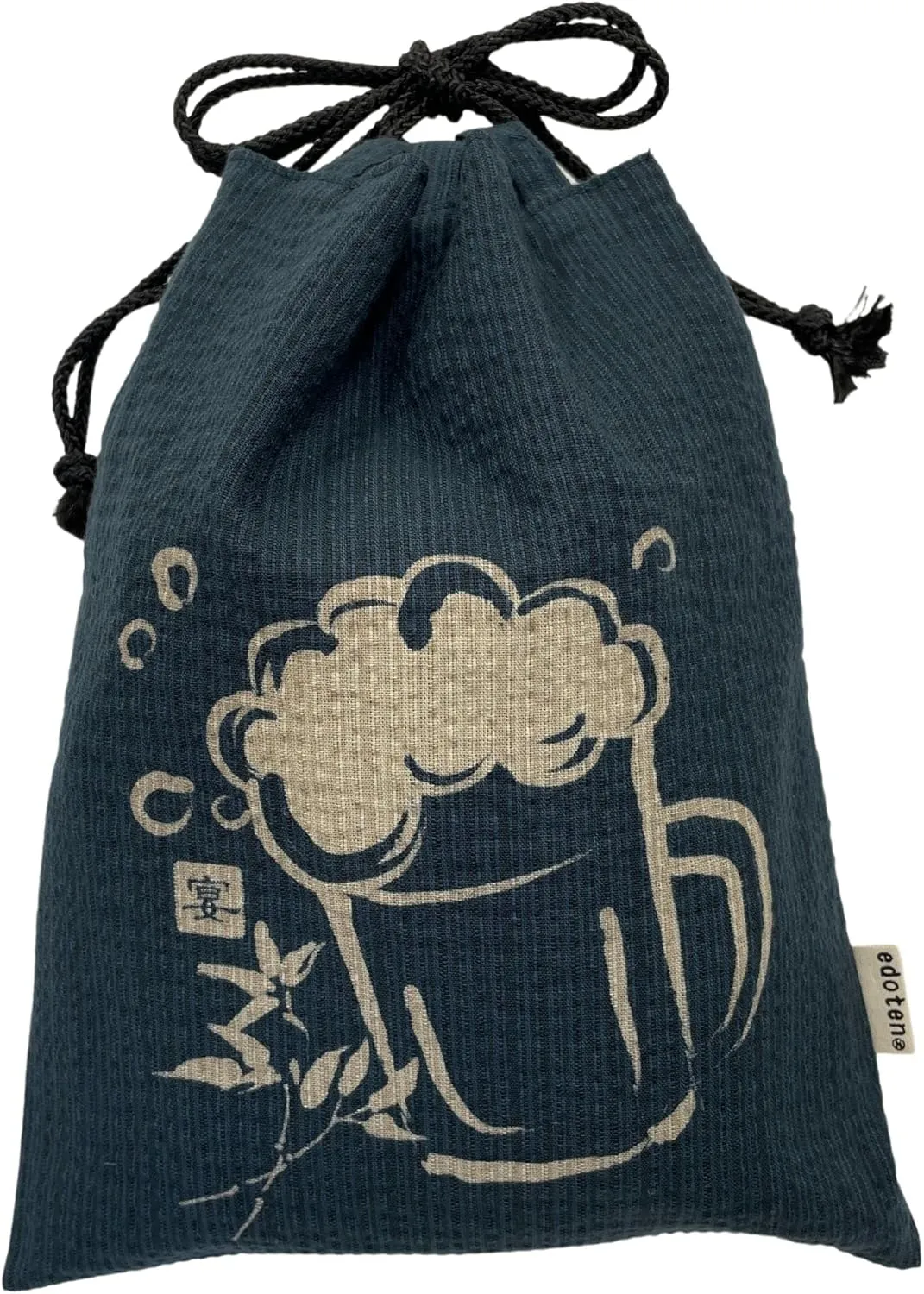 Edoten]JAPAN Nobori Bukuro 100% Cotton Shijira Fabric Drawstring Pouch with Inner Pocket 004 Beer and Feast Navy