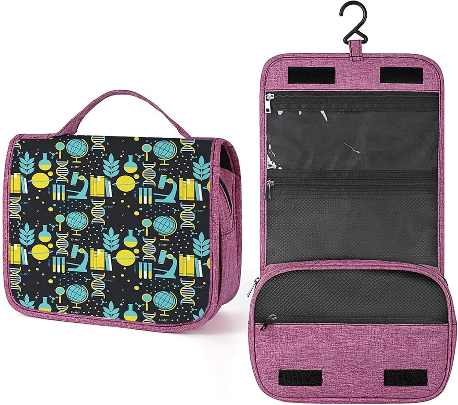 Education Theme,Waterproof Travel Toiletry Hanging Bag,Science Class Themed Biology Physics,Makeup bag,Travel Organizers,Cosmetic Travel-Sized Container,Large Capacity for Women,Yellow Black