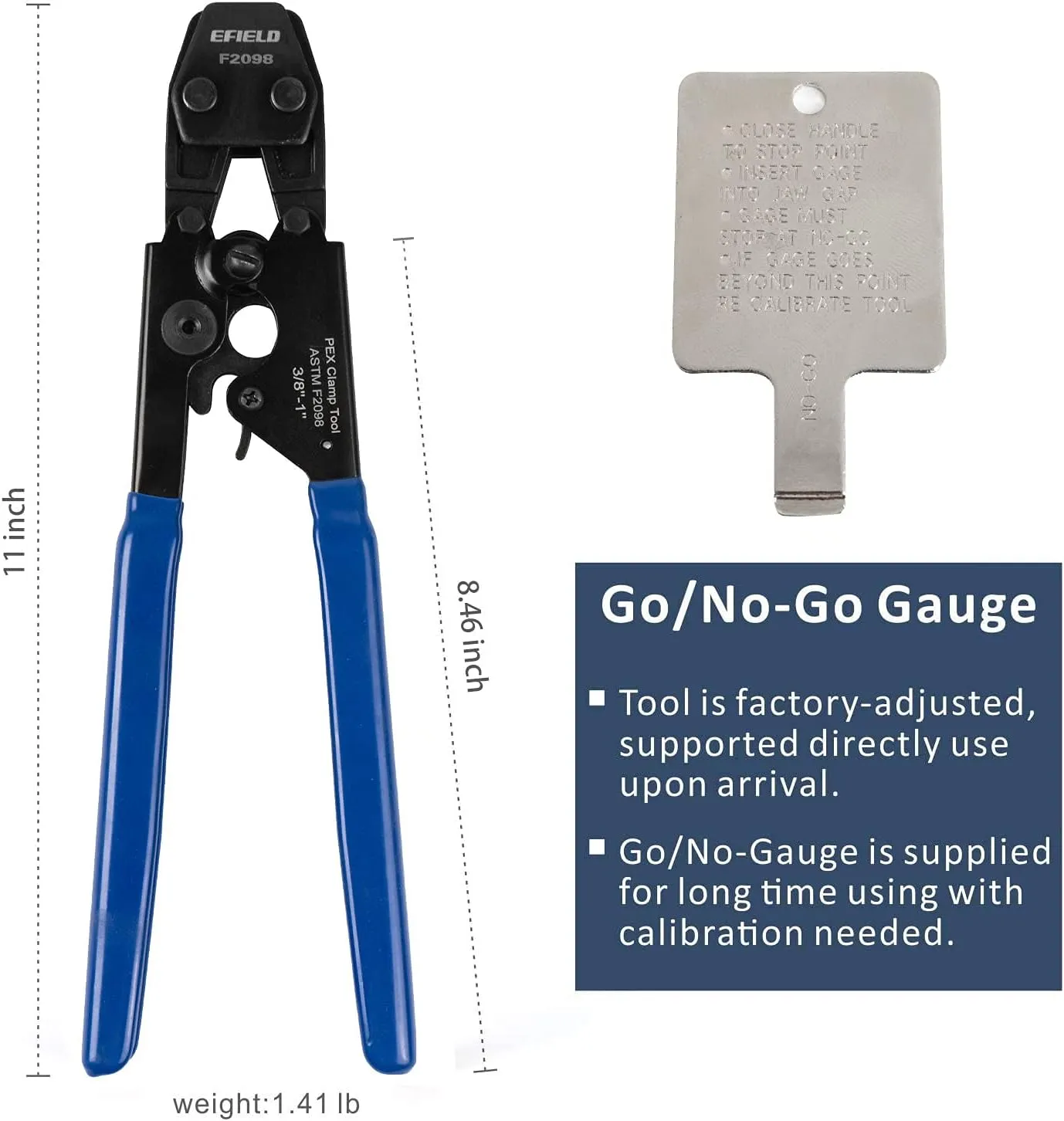 EFIELD Heavy-Duty Canvas Bag/Pex Cinch Clamp Crimping Tool for Stainless Steel Clamps from 3/8" to 1" with Pipe Cutter & Go/No-Go Gauge Suit all US F2098 Standard