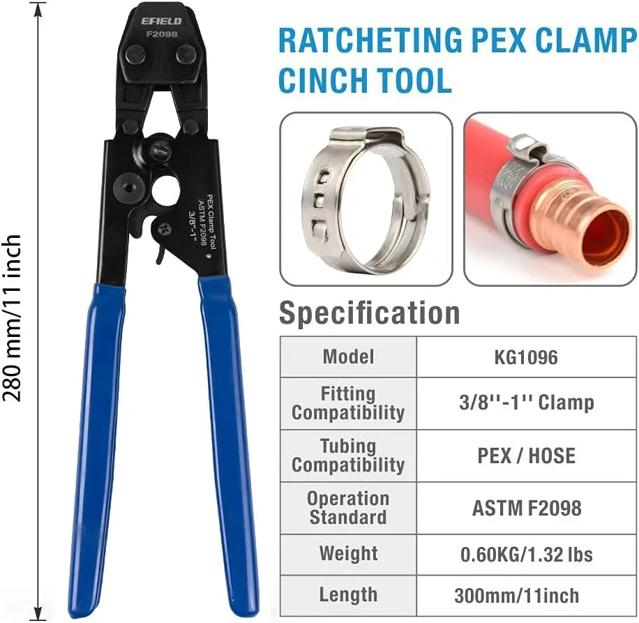 EFIELD Heavy-Duty Canvas Bag/Pex Cinch Clamp Crimping Tool for Stainless Steel Clamps from 3/8" to 1" with Pipe Cutter & Go/No-Go Gauge Suit all US F2098 Standard