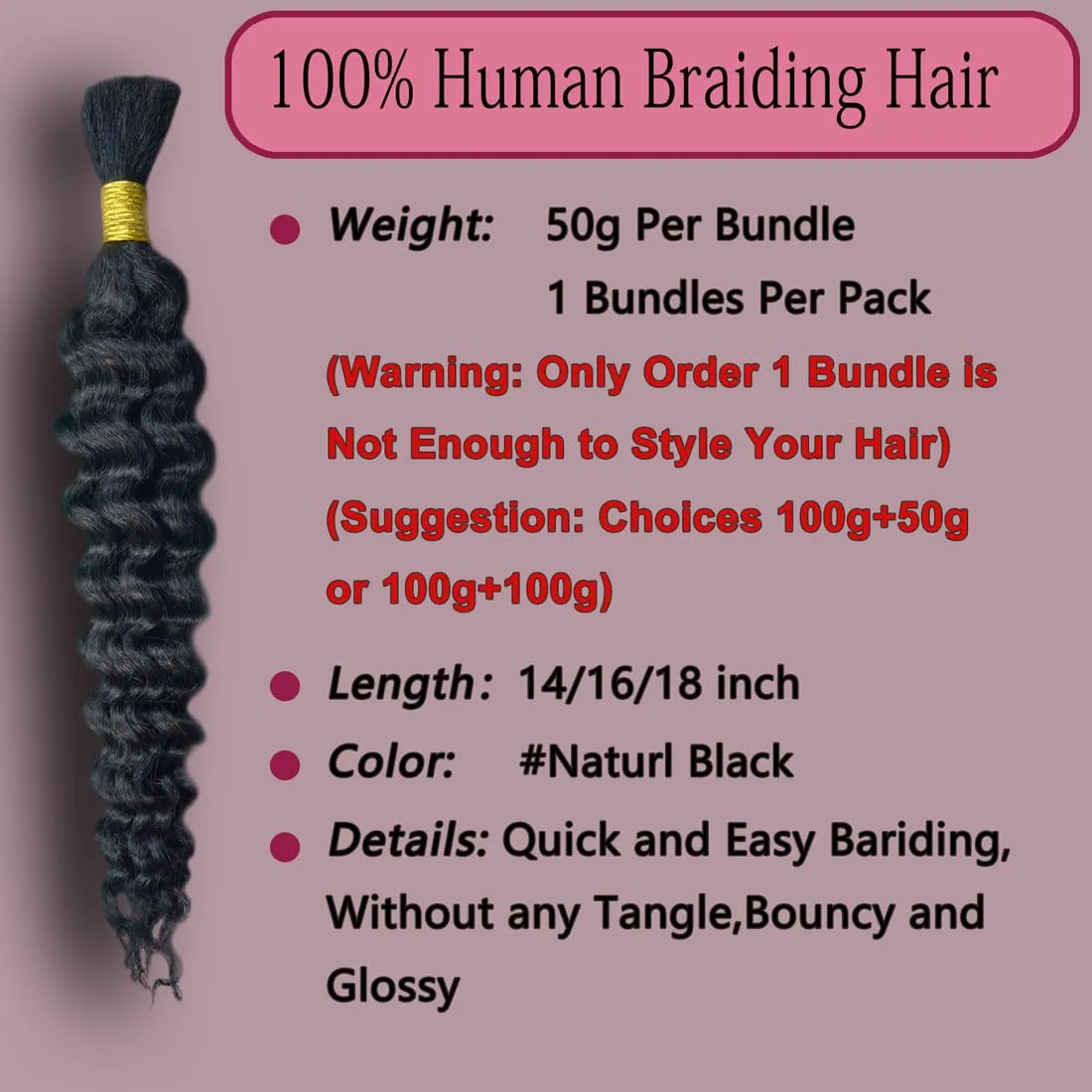 Eileen 14 Inch 50g 1 Bundles Deep Wave Bulk Human Hair for Braiding Curly Human Hair for Boho Braids Water Wet and Wavy Curls Micro Braiding Hair Extensions Brazilian Virgin 1B Natural Black