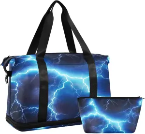 Electric Blue Lightning Duffel Bag Lightweight Carry On Gym Bags for Travel and Weekends, Versatile Overnight Bag with Shoe Compartment