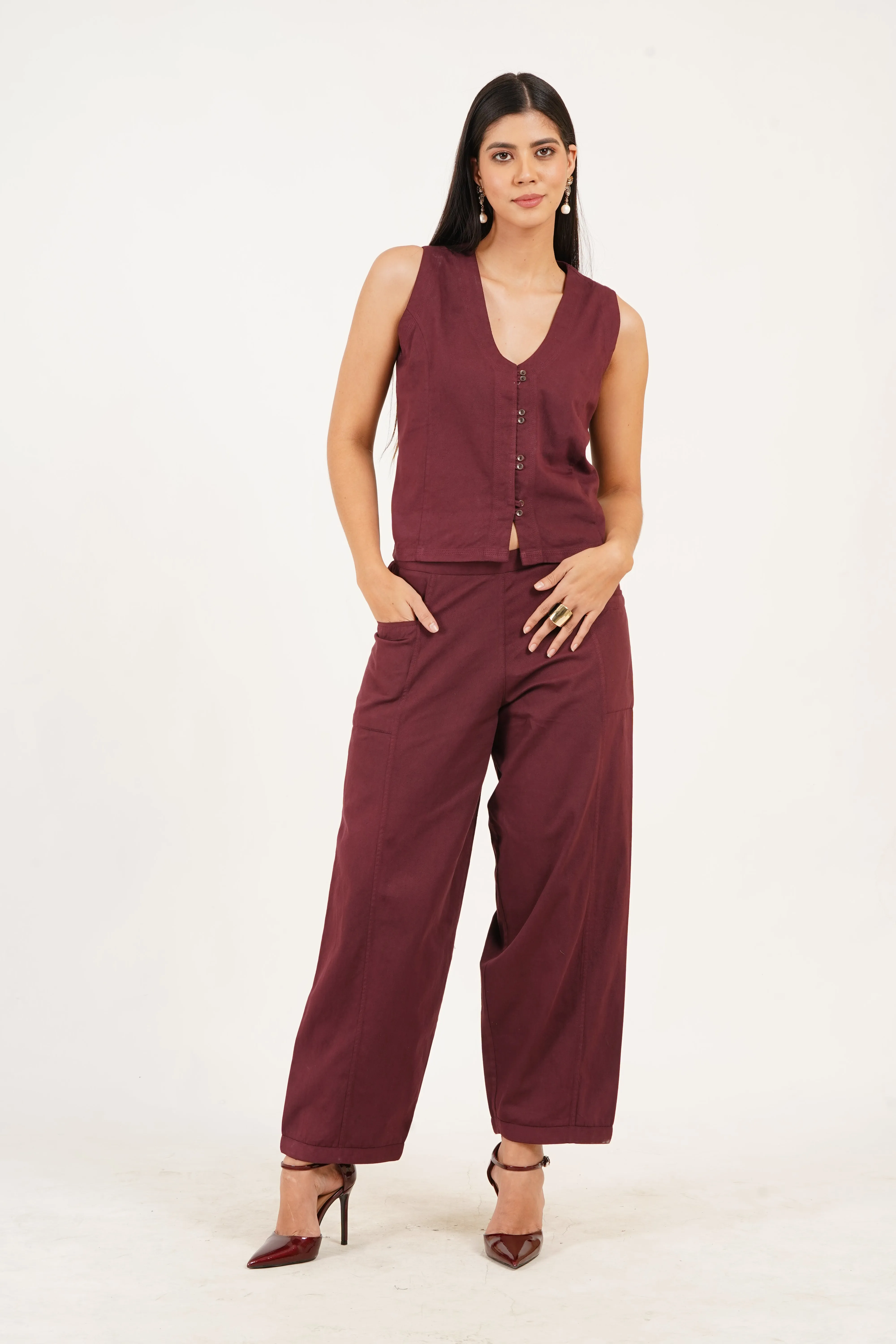 Elegant Burgundy Denim Boho Pants for Women
