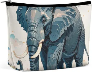 Elephant Watercolor Style Makeup Bag for Women PU Leather Waterproof Cosmetic Bag with Zipper Portable Travel Makeup Organizer