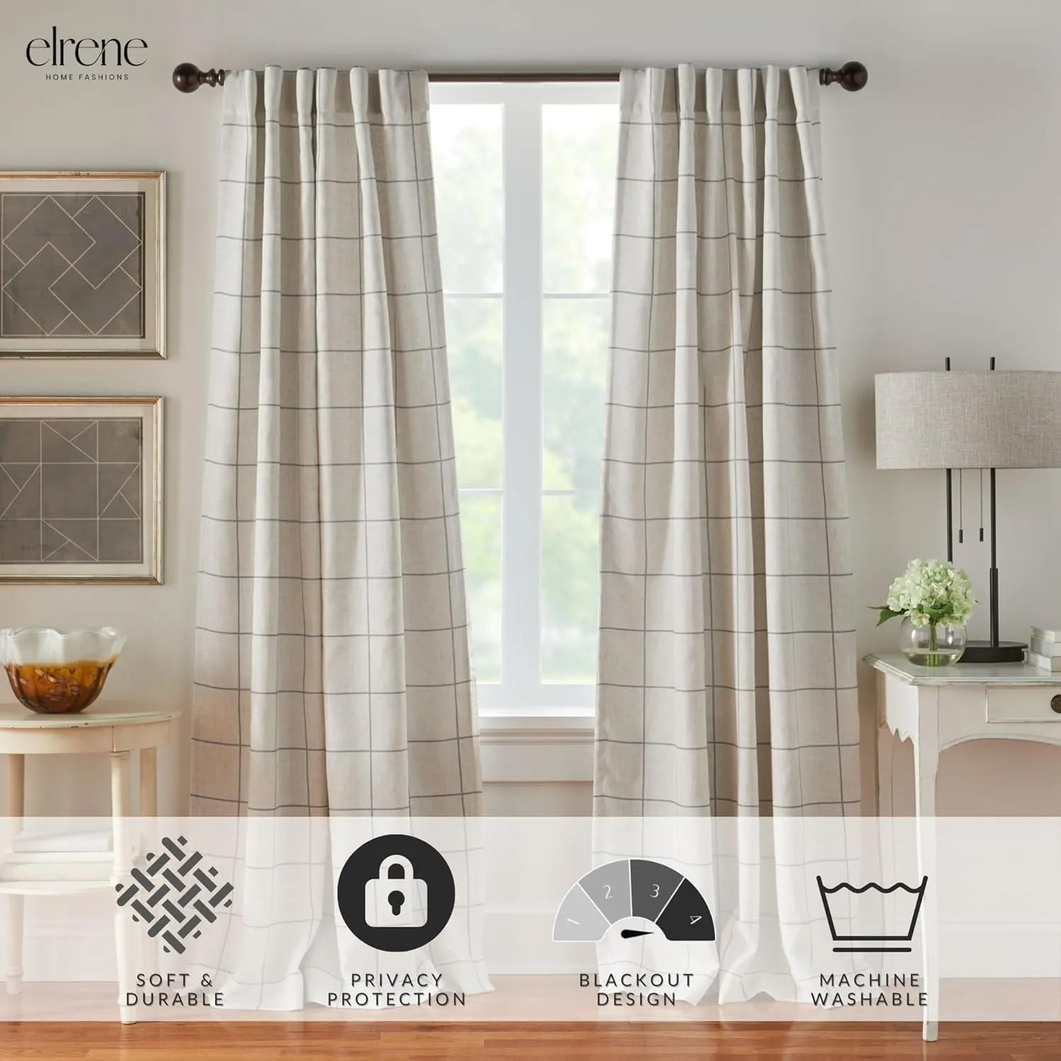 Elrene Home Fashions Brighton Windowpane Plaid Blackout Window Curtain, Living Room and Bedroom Drape with Back Tab and Rod Pocket Tabs, 52"x108", Gray, 1 Panel
