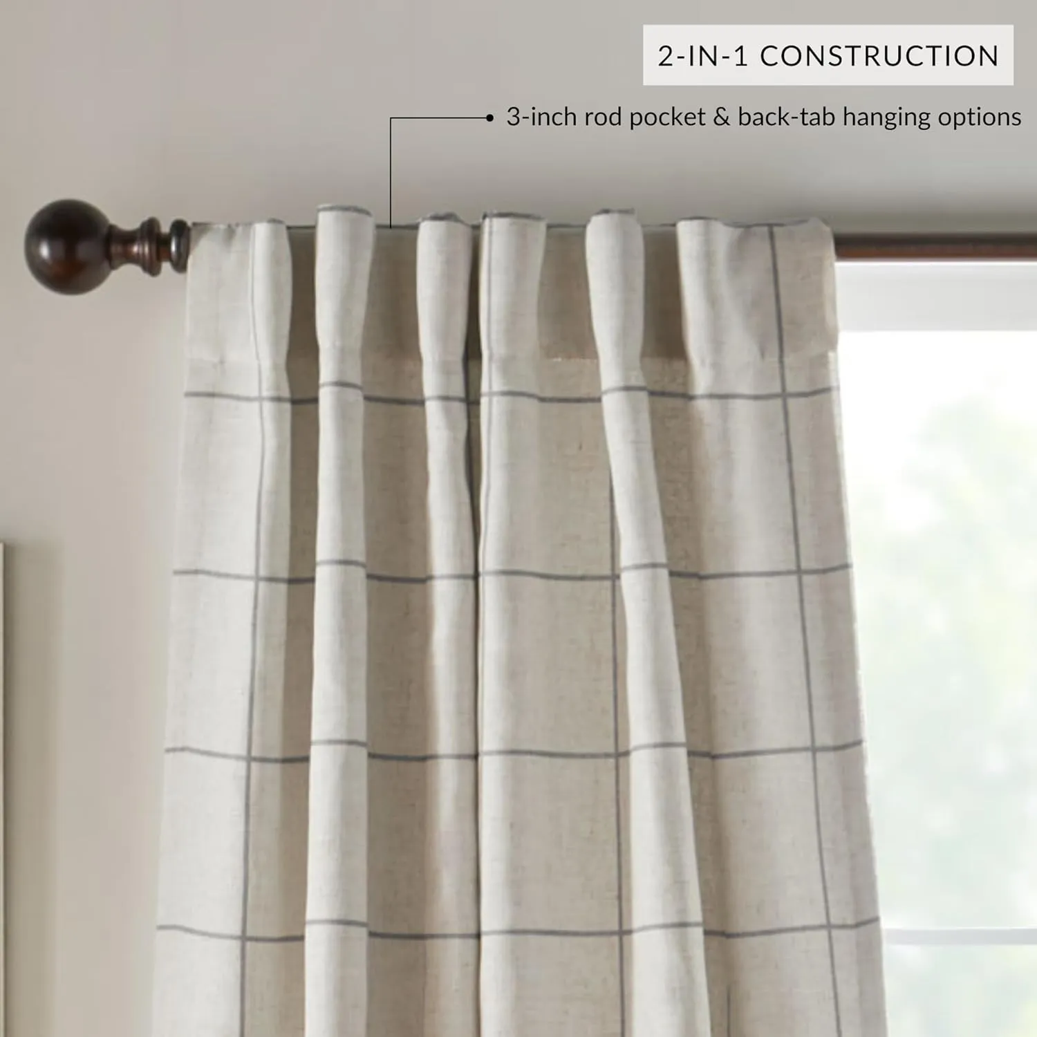Elrene Home Fashions Brighton Windowpane Plaid Blackout Window Curtain, Living Room and Bedroom Drape with Back Tab and Rod Pocket Tabs, 52"x108", Gray, 1 Panel