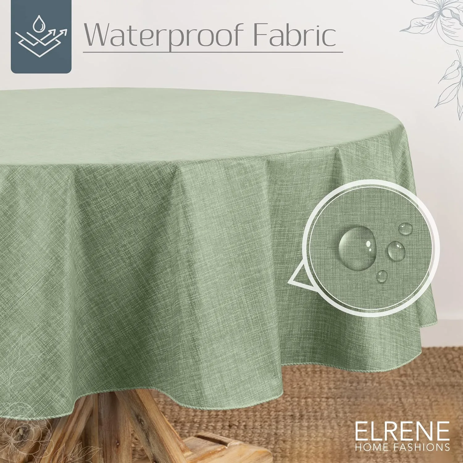 Elrene Home Fashions Monterey Linen Inspired Water- and Stain-Resistant Vinyl Tablecloth with Flannel Backing, 70 inches X 70 inches, Round, Sage