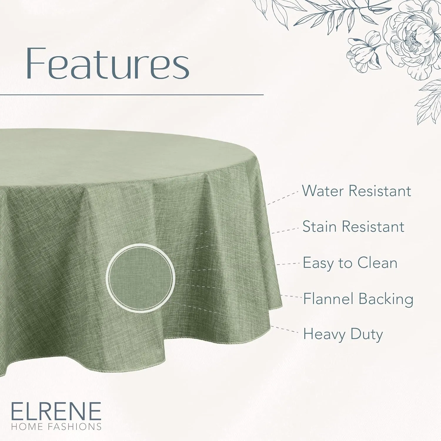 Elrene Home Fashions Monterey Linen Inspired Water- and Stain-Resistant Vinyl Tablecloth with Flannel Backing, 70 inches X 70 inches, Round, Sage