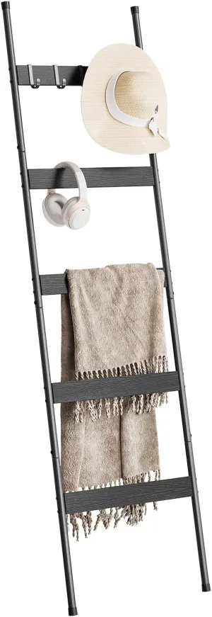 ELYKEN Blanket Ladder for Living Room, Farmhouse 5 -Tier Quilt Holder with 4 Removable Hooks for Bathroom, Wood Towel Rack Display, Wall Anchor Leaning Decorative Stand for Home Decor, Black