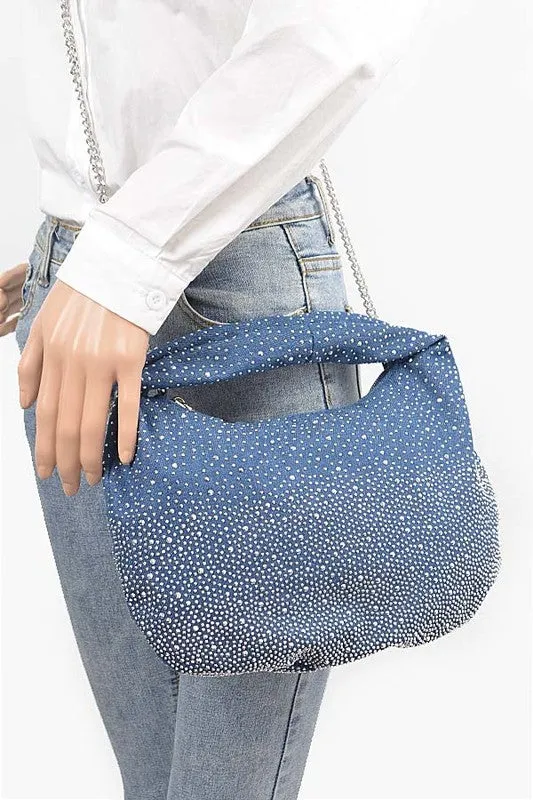 Embellished Rhinestone Convertible Denim Hobo Bag