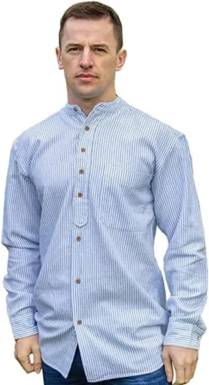 Emerald Isle Cotton Linen Blend Button Down Shirt, 90% Cotton, Striped Pattern, Banded Collar