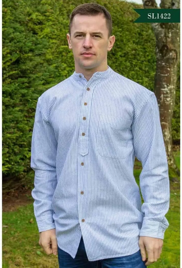 Emerald Isle Cotton Linen Blend Button Down Shirt, 90% Cotton, Striped Pattern, Banded Collar