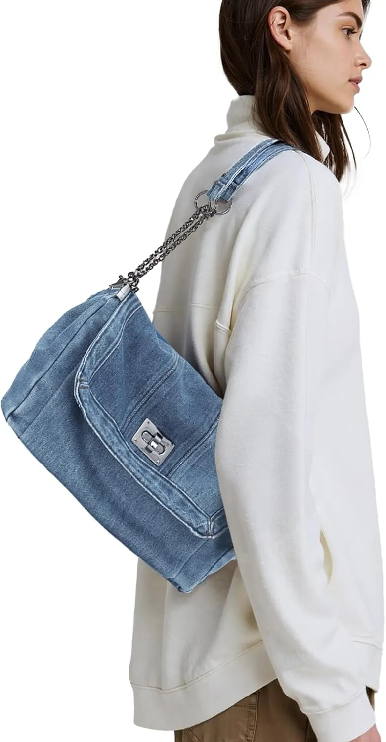 Emprier Denim Shoulder Bags for Women Retro Hobo Purse With Adjustable Chain Fashion Tote Handbags