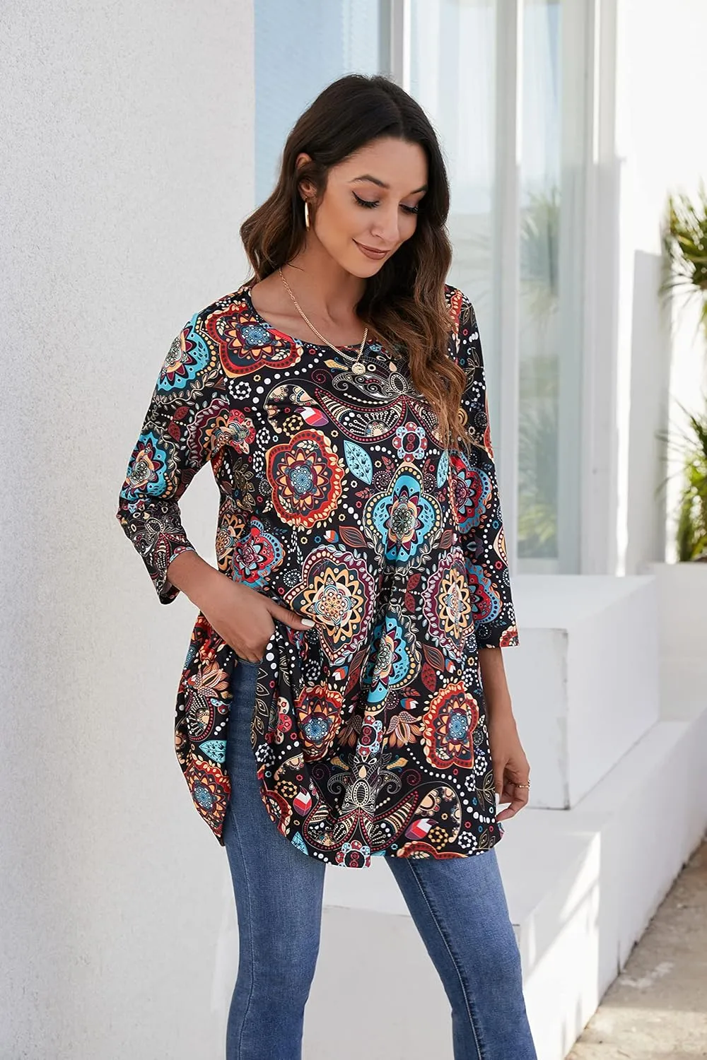 ENMAIN Womens Tunic Tops 3/4 Sleeve Plus Size Loose Fit Tunics Dressy Casual Paisley Floral Swing Flare Top for Leggings