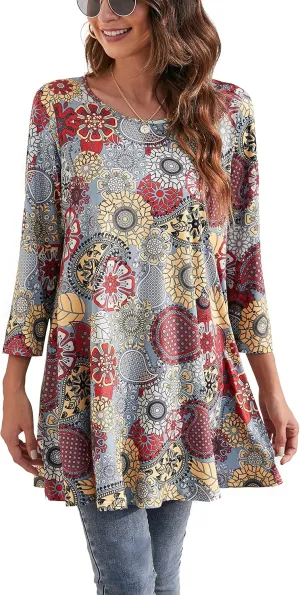 ENMAIN Womens Tunic Tops 3/4 Sleeve Plus Size Loose Fit Tunics Dressy Casual Paisley Floral Swing Flare Top for Leggings