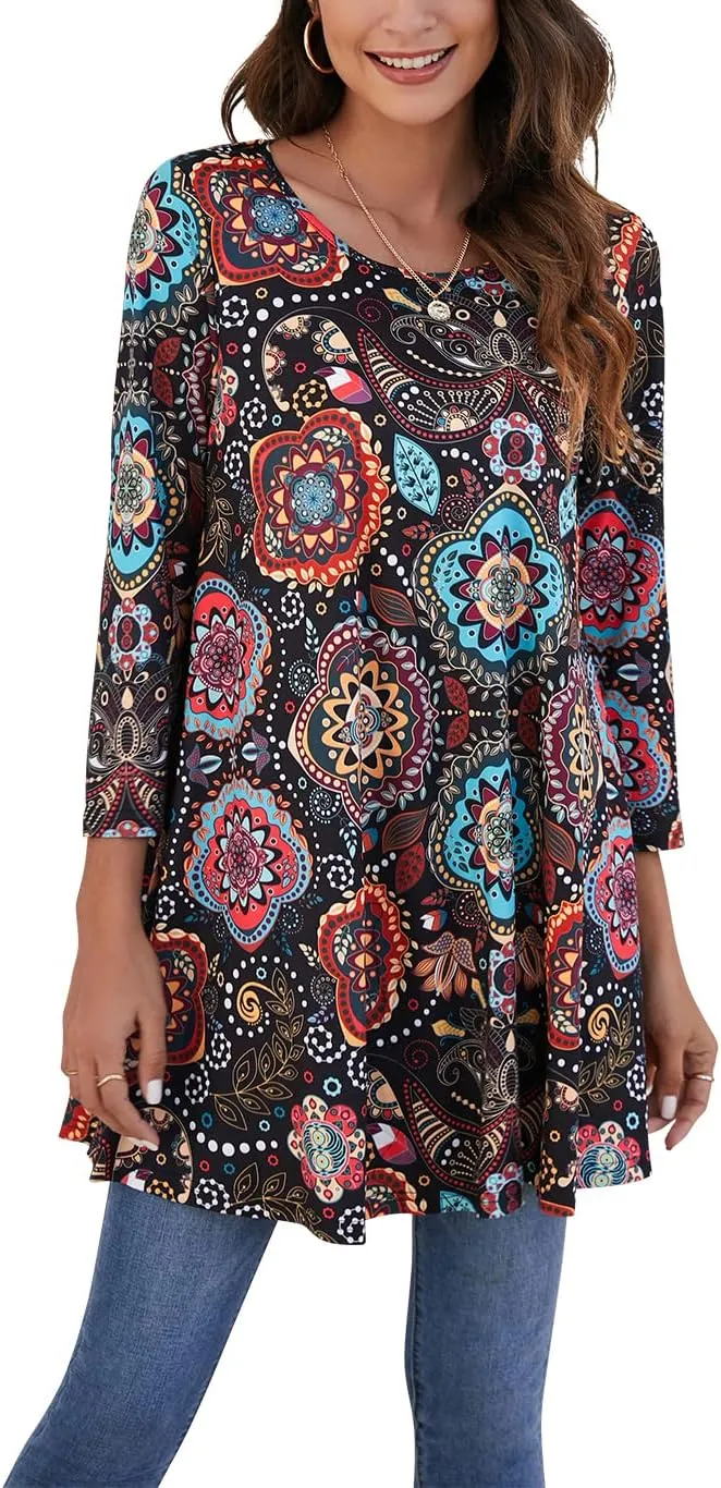 ENMAIN Womens Tunic Tops 3/4 Sleeve Plus Size Loose Fit Tunics Dressy Casual Paisley Floral Swing Flare Top for Leggings