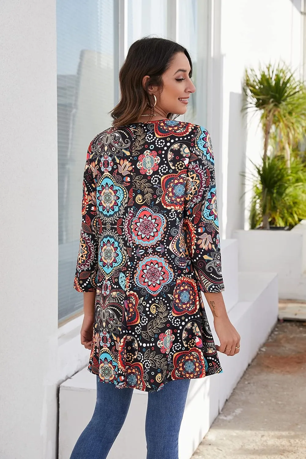ENMAIN Womens Tunic Tops 3/4 Sleeve Plus Size Loose Fit Tunics Dressy Casual Paisley Floral Swing Flare Top for Leggings