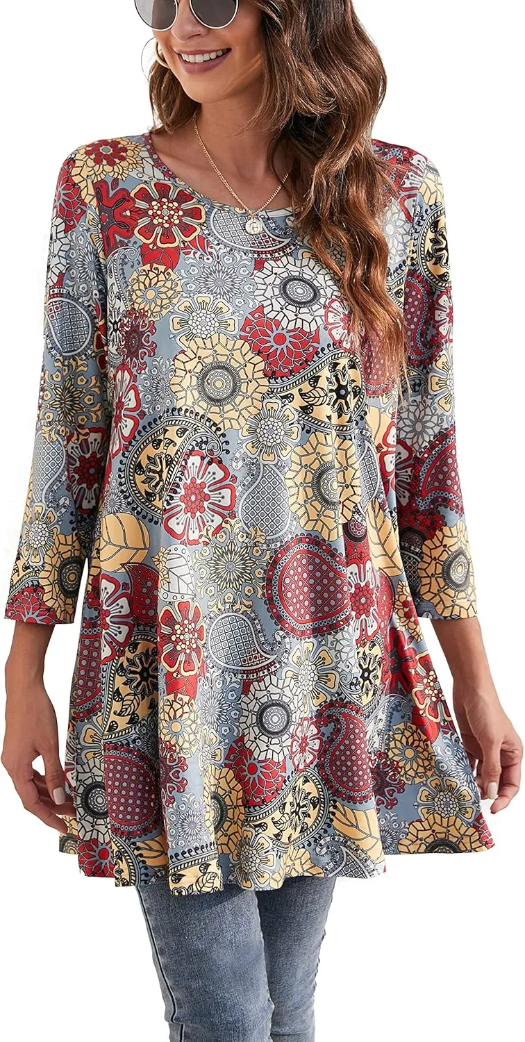 ENMAIN Womens Tunic Tops 3/4 Sleeve Plus Size Loose Fit Tunics Dressy Casual Paisley Floral Swing Flare Top for Leggings