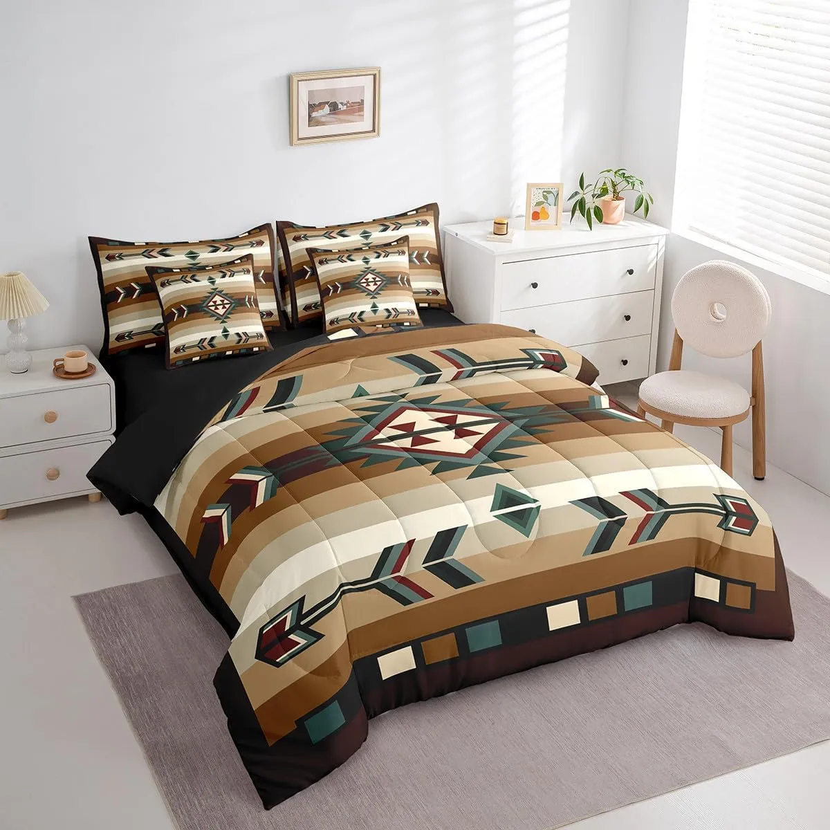 Erosebridal Rustic Bohemian Queen Comforter Set 7 Piece American Native Southwestern Bedding Set with Sheets Boho Western Aztec Exotic Bed in A Bag for Boys Men Vintage Country Farmhouse Bed Set