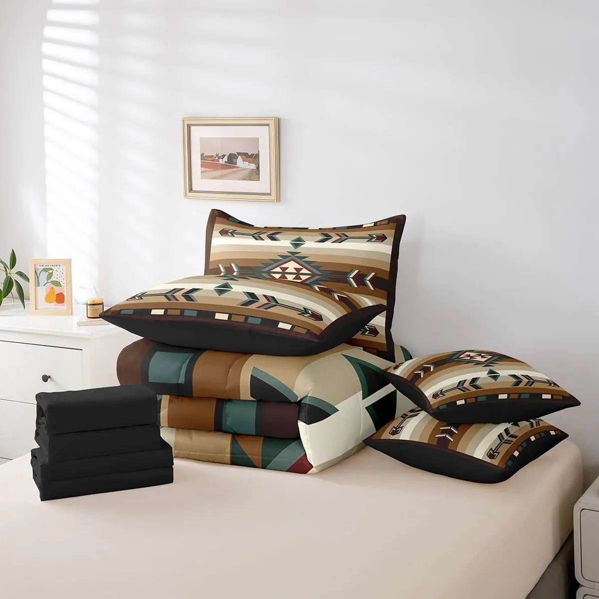 Erosebridal Rustic Bohemian Queen Comforter Set 7 Piece American Native Southwestern Bedding Set with Sheets Boho Western Aztec Exotic Bed in A Bag for Boys Men Vintage Country Farmhouse Bed Set