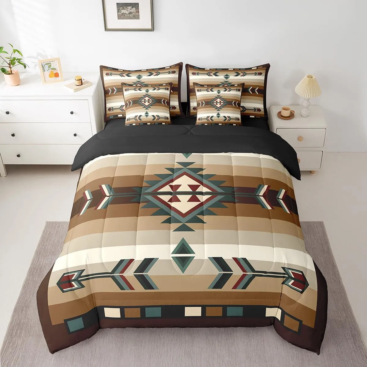 Erosebridal Rustic Bohemian Queen Comforter Set 7 Piece American Native Southwestern Bedding Set with Sheets Boho Western Aztec Exotic Bed in A Bag for Boys Men Vintage Country Farmhouse Bed Set