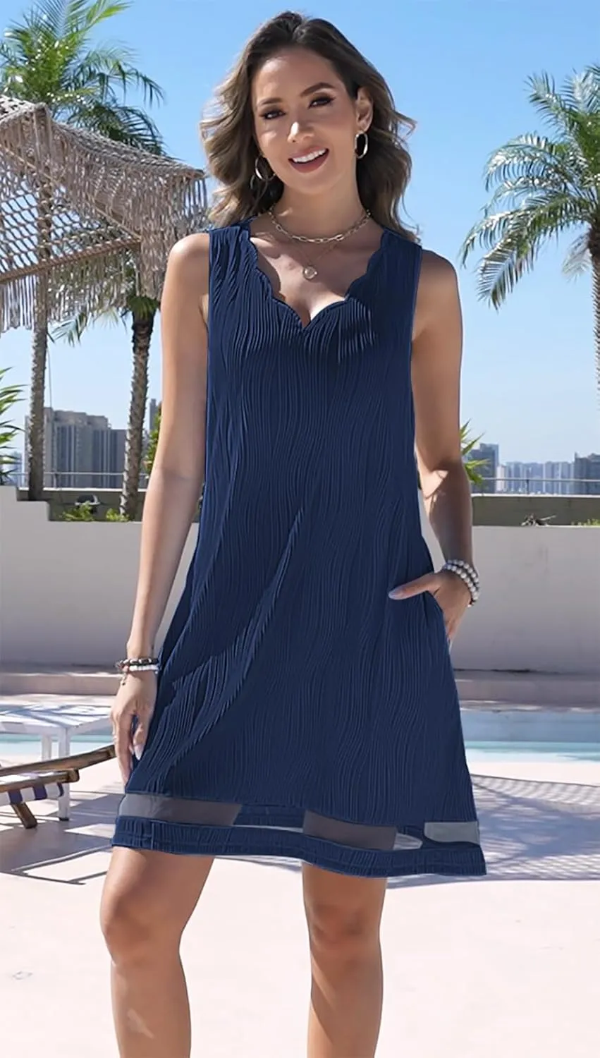 ETCYY NEW Summer Dresses for Women 2025 Seashell Edge V Neck Sleeveless Sundresses Beach Cover Ups Tank Dress with Pockets