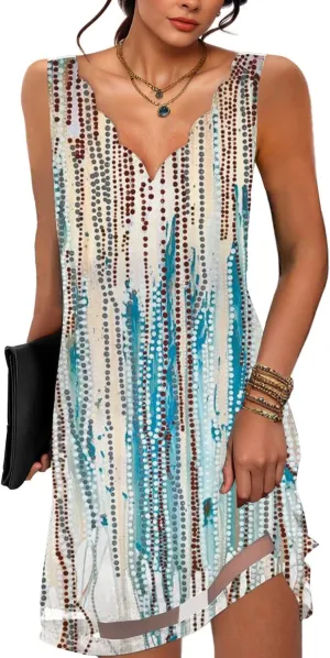 ETCYY NEW Summer Dresses for Women 2025 Seashell Edge V Neck Sleeveless Sundresses Beach Cover Ups Tank Dress with Pockets